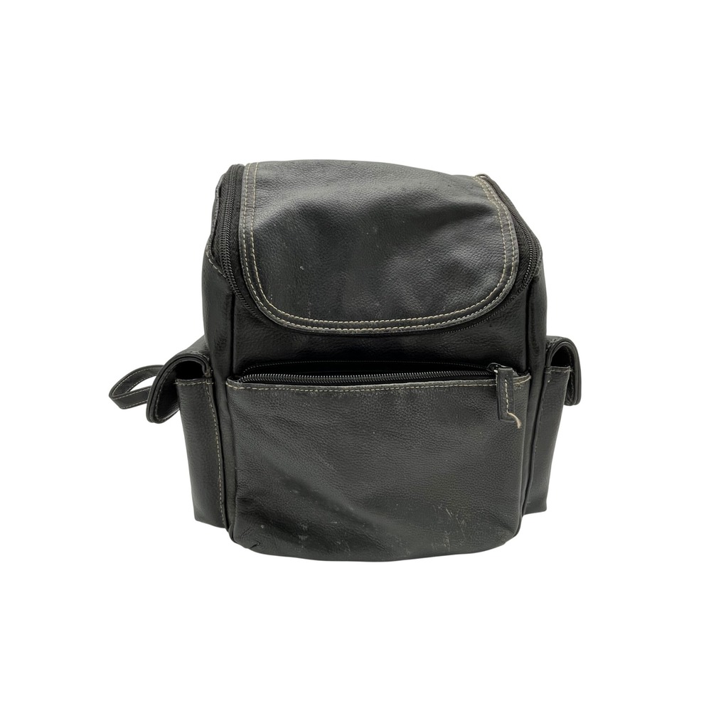 Genuine Black Pebbled Leather Mini Backpack Contrast Stitch Utility Bag 5926